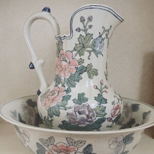 Antique Floral Porcelain Pitcher & Basin Set | Vintage Wash Bowl Decor